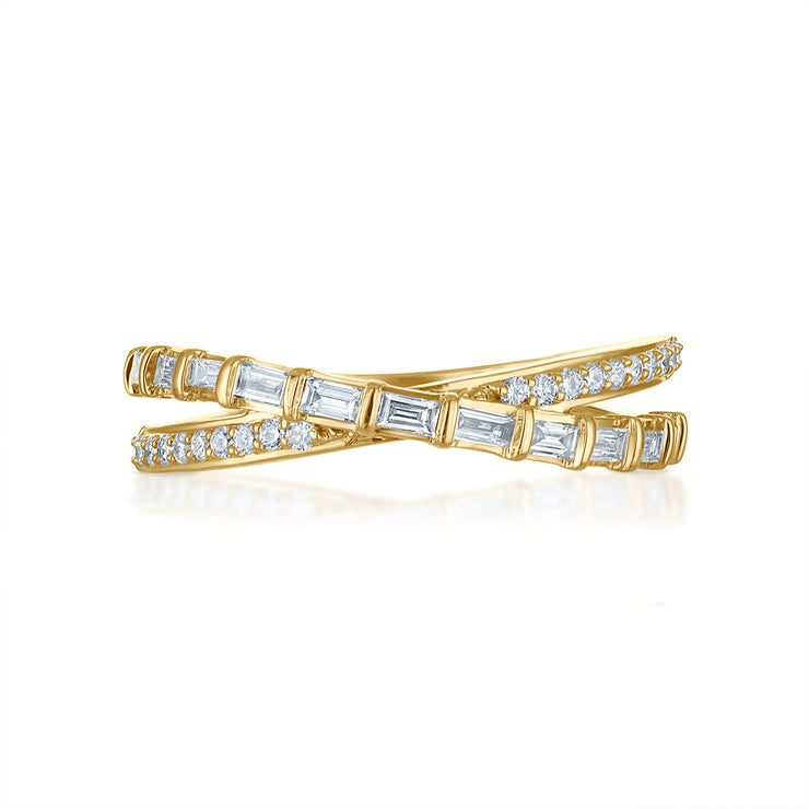 Cross Over Round and Baguette Diamond Ring