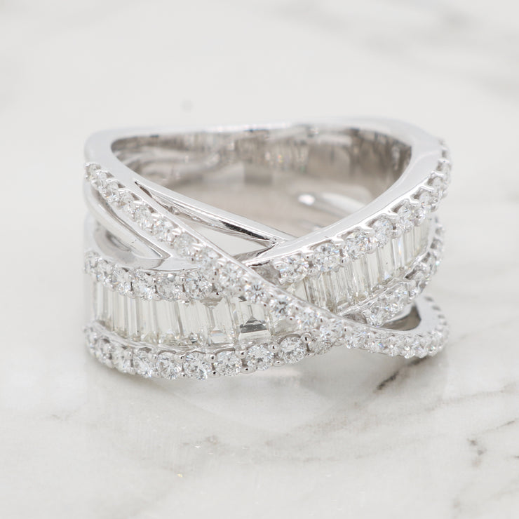 Round Diamond and Baguette Criss Cross Ring